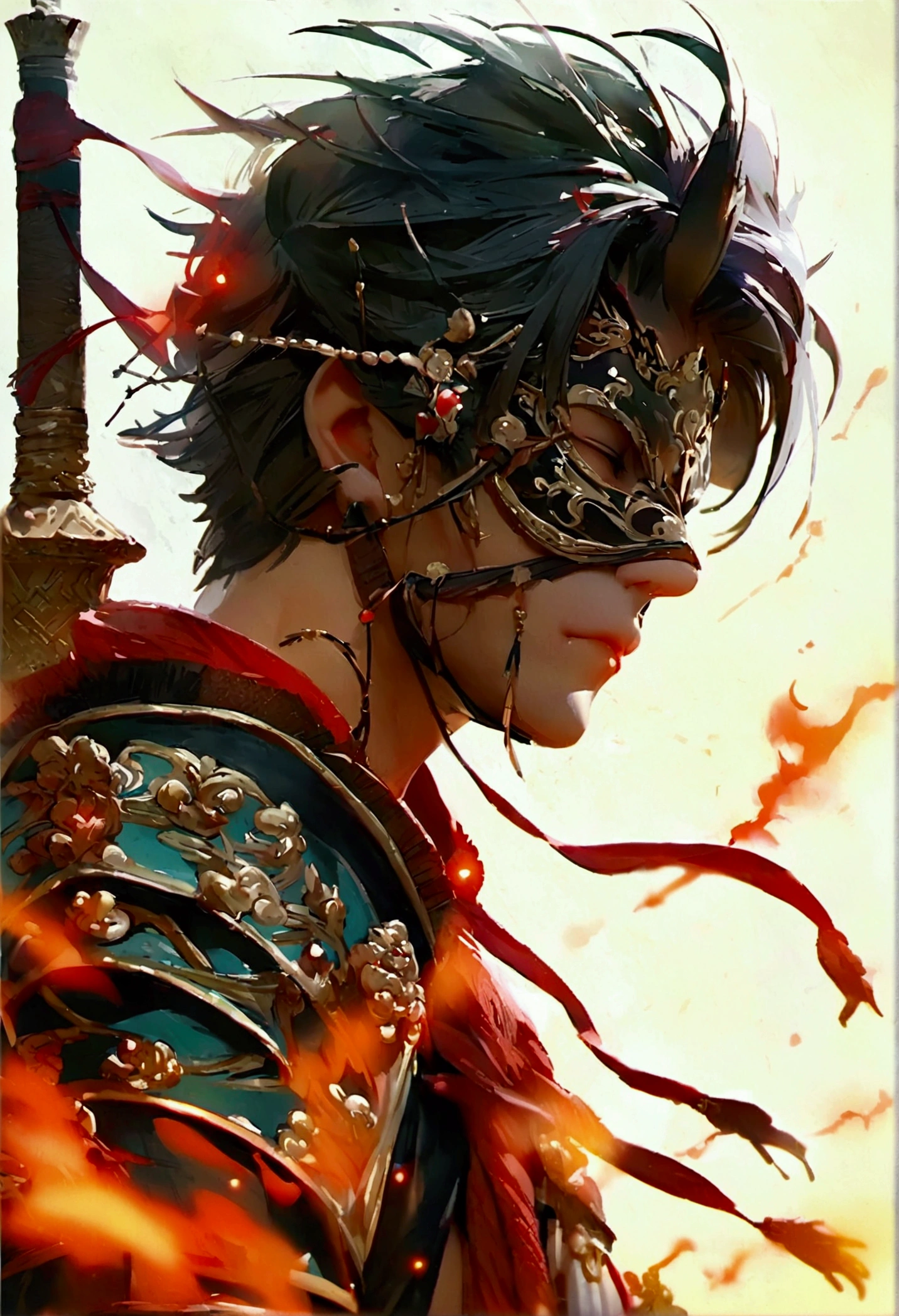 warrior, With mask, He has a spear in his right arm, High resolution, masterpiece, figure, Traditional Chinese style