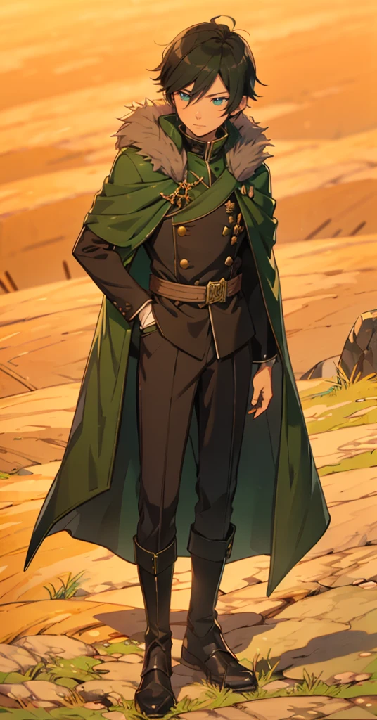 yuichiro hyakuya, (WithoutFear:1), 1 boy, black hair, green eyes, brown coat, gray armor, green shield, green cloak, dark brown gloves, town, white fur trim, tall, anime, standing, good quality, portrait, looking at viewer