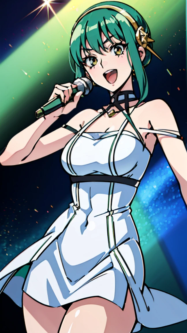 1 girl, anime woman with blue-green hair, arena, live music venue, singing, holding microphone, jumping, break anime style, anime style, young anime woman, smiling, semi short hair, digital anime illustration, bangs, crystal hair, shiny hair, break white dress, snowflake earrings, serious, shining, reflective light, ((flat chest)), ((flat chest))
