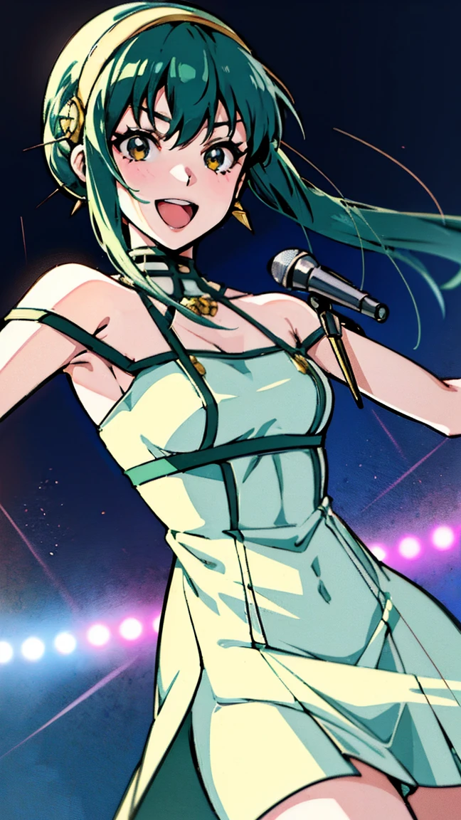 1 girl, anime woman with blue-green hair, arena, live music venue, singing, holding microphone, jumping, break anime style, anime style, young anime woman, smiling, semi short hair, digital anime illustration, bangs, crystal hair, shiny hair, break white dress, snowflake earrings, serious, shining, reflective light, ((flat chest)), ((flat chest))
