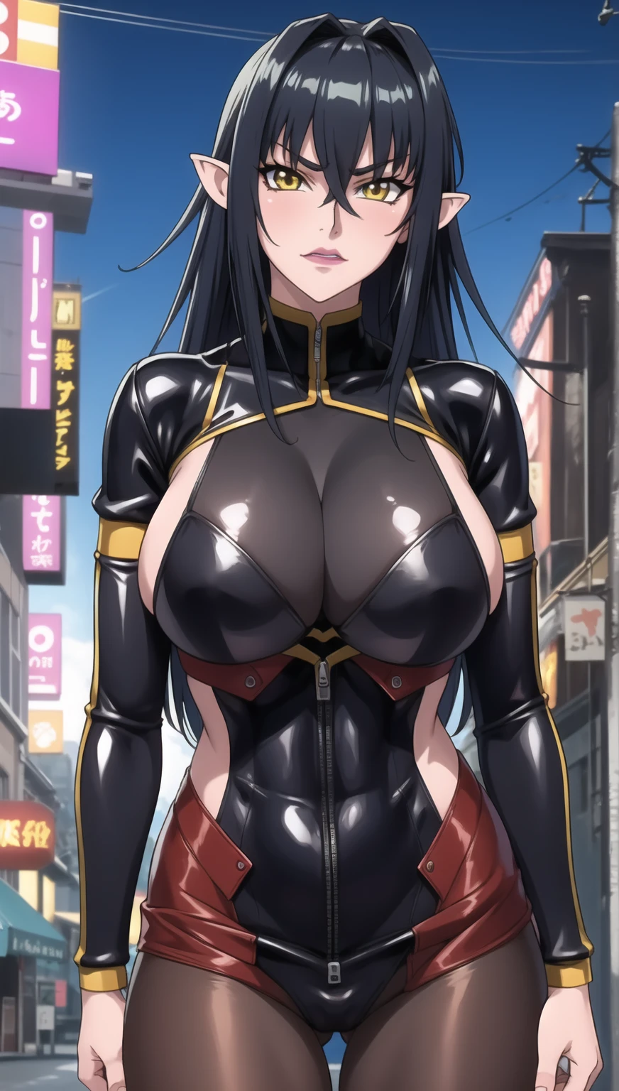 (high quality:1.1), intricate details, cinematic lighting, sharp focus, Annerose, 1girl, solo, standing, cowboy shot, looking at viewer, determined, very long hair, hair intakes, black hair, pointy ears, yellow eyes, pretty thick lipstick, (bodysuit:1.05), shiny clothes, large breasts, (latex bra), character in center, anime screenshot, sharp shader, lovely personality, professional art by kagami hirotaka, anime screenshot