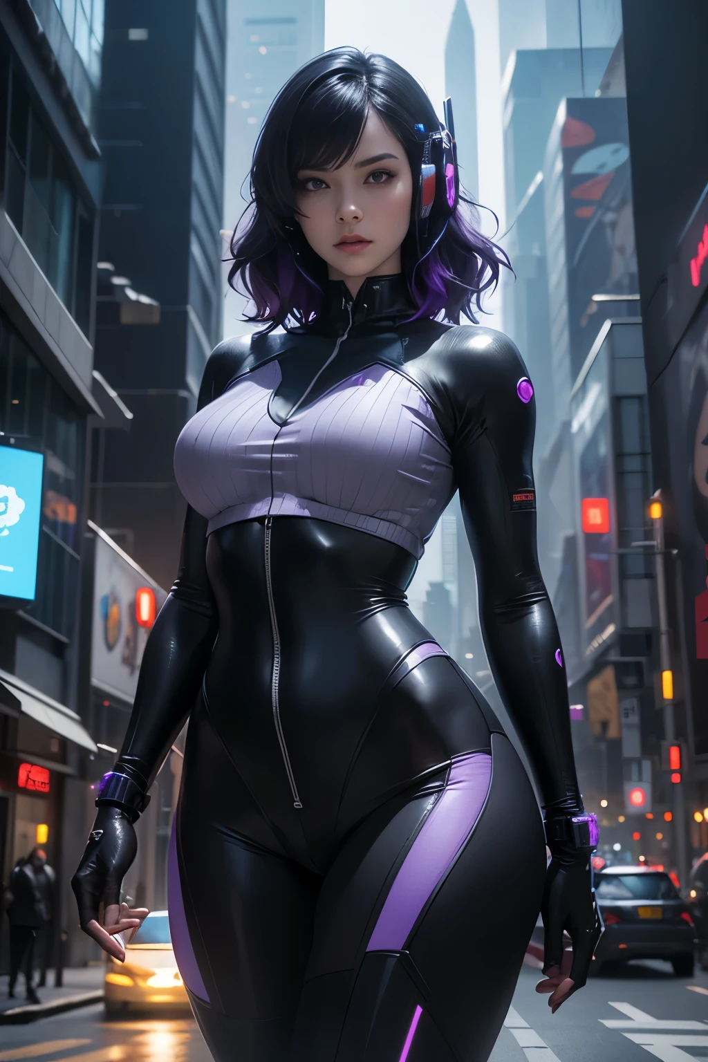 a beautiful woman with short wavy black and purple hair, futuristic headphones, plump body, slender abs, wearing a crop futuristic mecha suit, big thighs, cyberpunk city street, 8k, ultra-detailed, hyperrealistic, volumetric lighting, cinematic, dramatic lighting, glowing neon lights, moody atmosphere, intricate details, highly detailed facial features, photorealistic, lifelike, cinematic composition, dramatic pose, hyper-realistic skin textures, dynamic perspective, stunning visual effects, masterpiece, award-winning, conceptual art