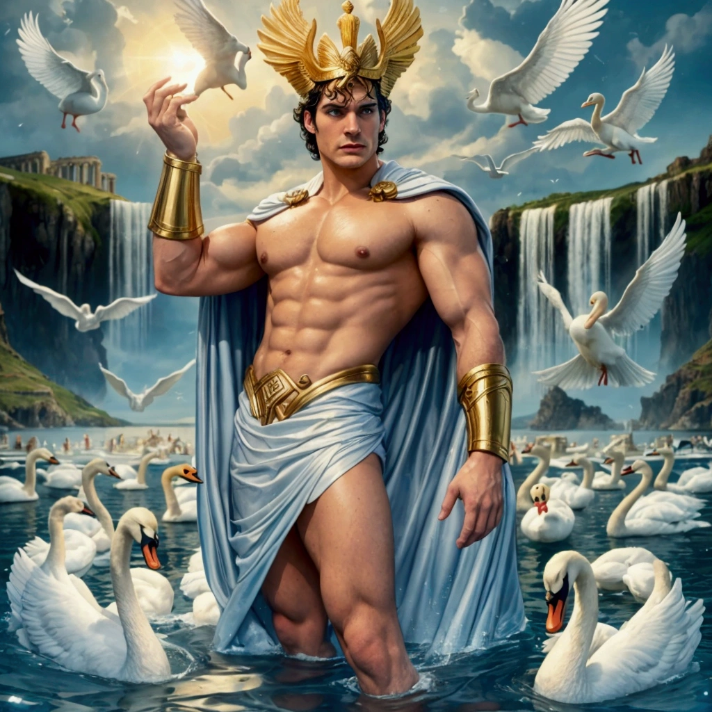 a close up of a man in a cape standing in water with swans, greek god, as an atlantean, olympian god, the greek god, the god hermes, greek mythology characters, henry cavill as a greek god, greek gods, the god poseidon, elon musk as a greek god, greek mythology, cory chase as an atlantean, frank cho