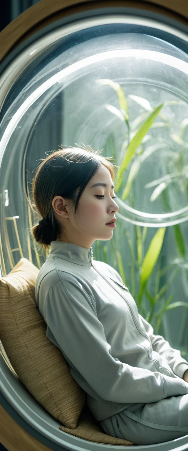 A close-up of cut bamboo, ((a girl sleeping with her eyes closed in a cylindrical life support capsule, the lower half of which is young bamboo-colored metal and the upper half is made of transparent glass, like an escape capsule for a spaceship, the interior of which is filled with dazzling light, like an escape capsule for a spaceship in a science fiction movie)), ((the inside of the life support capsule is equipped with many monitor panels and lamps)), ((a view looking down on the girl from above)),((the girl is 15 centimeters tall)), ((the girl is )), ((the girl is wearing silver metallic clothes)),In a bamboo forest,