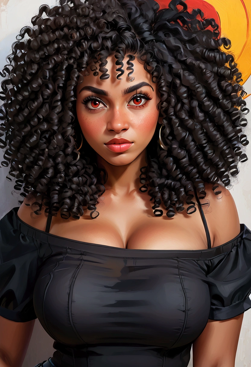 (masterpiece:1.2), (best quality), (ultra detailed), (8k, 4k, intricate),(half-body-shot:1), (highly detailed:1.2),(detailed background:1.2),((big breasts)),((frizzy Afro hair), An photo of a curvy black woman with a black off shoulder shirt and curly hair, red eyes, curly bangs, curly middle part haircut, black curly hair, curly afro, long wild black curly hair, curly haired, black long curly hair, curly black hair, long black curly hair, her face framed with curls, short black curly hair, curly, profile image, curly hair, with afro