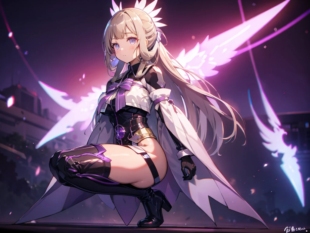 (Highly detailed CG), (Highest quality),(full body)， Squat，ポーズをとる1 Girl,alone, Grey Eyes,Long Hair, Blonde,Purple Dress,Wide white sleeves,Purple ribbon,Purple Stockings,hair ornaments,Bare shoulders,Removed sleeve, Black gloves, Blunt bangs, Magical girl, Perfect Face,  Shiny skin, Shiny skin, Wide Hips,Tight waist,Knee-high boots，Elbow Bag,1 Girl, Long Hair, Big Breasts，Thick thighs，sunset，Octane，