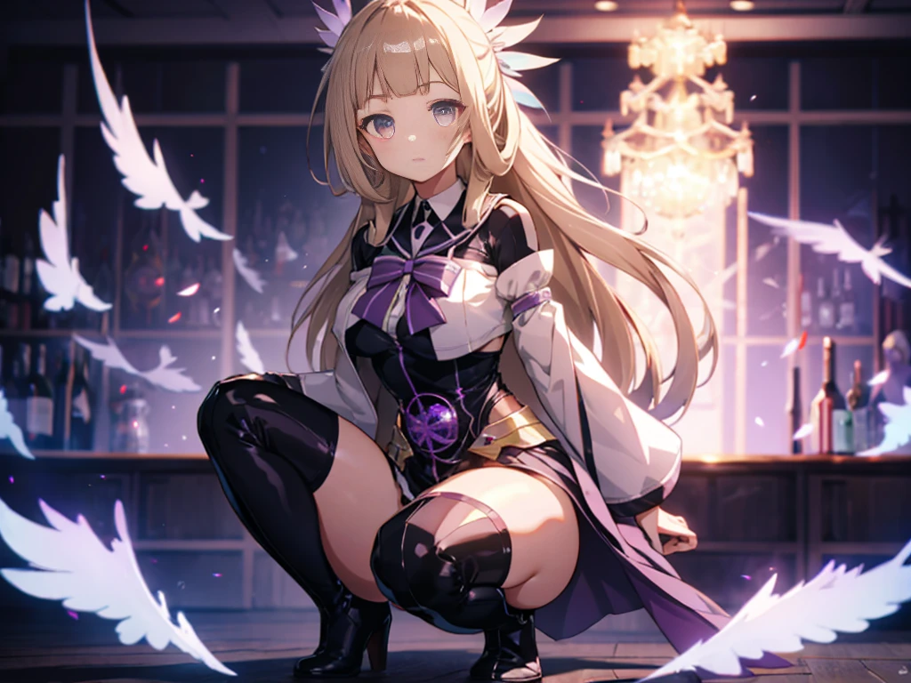 (Highly detailed CG), (Highest quality),(full body)， Squat，ポーズをとる1 Girl,alone, Grey Eyes,Long Hair, Blonde,Purple Dress,Wide white sleeves,Purple ribbon,Purple Stockings,hair ornaments,Bare shoulders,Removed sleeve, Black gloves, Blunt bangs, Magical girl, Perfect Face,  Shiny skin, Shiny skin, Wide Hips,Tight waist,Knee-high boots，Elbow Bag,1 Girl, Long Hair, Big Breasts，Thick thighs，sunset，Octane，