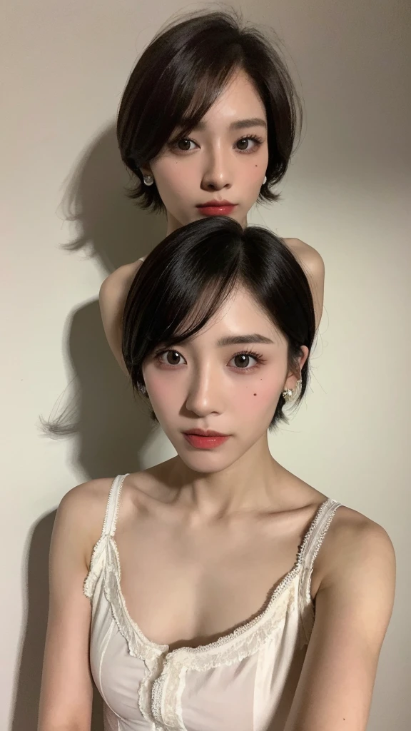 (real, High resolution:1.3), short hair, Wearing a blouse、Cross-dressing man、In a dark room、Transsexual、Collarbone and hands are muscular、the skin is dark、Dark eyebrows