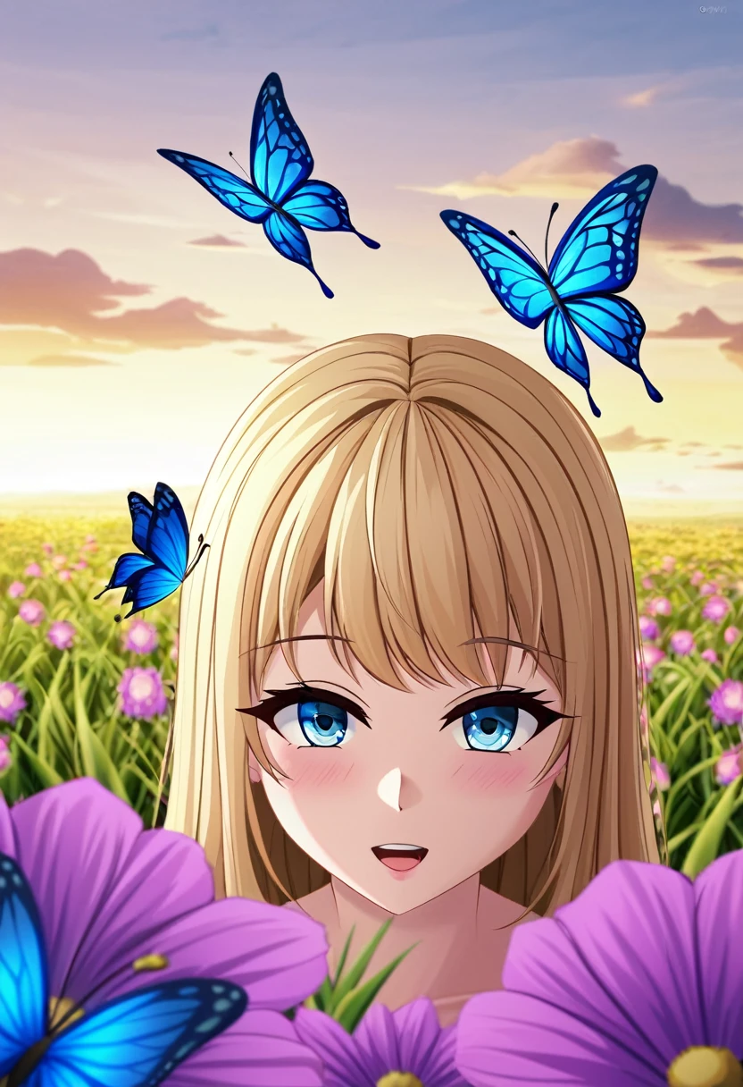 A girl playing with lots of blue butterflies、18 year old girl、Flower Field、Watching the butterfly、masterpiece、Highest quality、RAW、8ｋ，4ｋ、Clear focus、Cinema Lighting