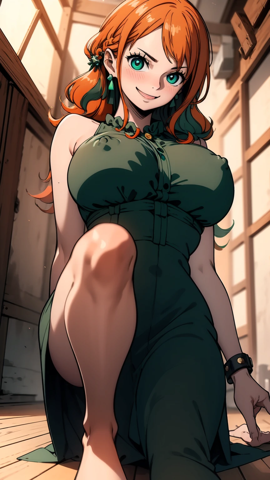 nami, (large breast:1.2),seductive smile, ((orange hair:1.5)),
BREAK ((dark green dress:1.5)), 
BREAK siiting on wooden floor, large windows, indoors, close up feet, smile, full blush, large breasts, nipples, long nipples, nipples erection, small areolae, pussy,
BREAK (masterpiece:1.2), best quality, high resolution, unity 8k wallpaper, (illustration:0.8), (beautiful detailed eyes:1.6), extremely detailed face, perfect lighting, extremely detailed CG, (perfect hands, perfect anatomy),