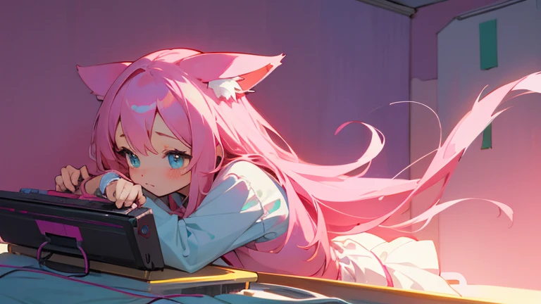 cute anime girl holding a pink video game controller in a room, anime catgirl, wear white shirt and red tie and white skirt,cute anime catgirl, anime girl with cat ears, flat anime style, nekomimi, lofi girl, catgirl, anime vibes, soft anime illustration, ddlc, girl with cat ears, anime style. 8k, pink straight hair, long bubblegum hair, pink wispy hair, long pink hair, long flowing pink hair, flowing pink hair, anime girl with long hair and cyan eyes,and wear white shirt and red tie and white skirt, ,digital anime illustration, anime room with a computer, a desk, anime background art, background art, anime aesthetic, personal bedroom background,gaming girls bedroom background, kawaii aesthetic, anime background, lofi girl aesthetic, anime vibes, lofi artstyle, beautiful kawaii lighting, lo-fi illustration style, lofi aesthetic, interior background art, cute detailed digital art, glowing aesthetic