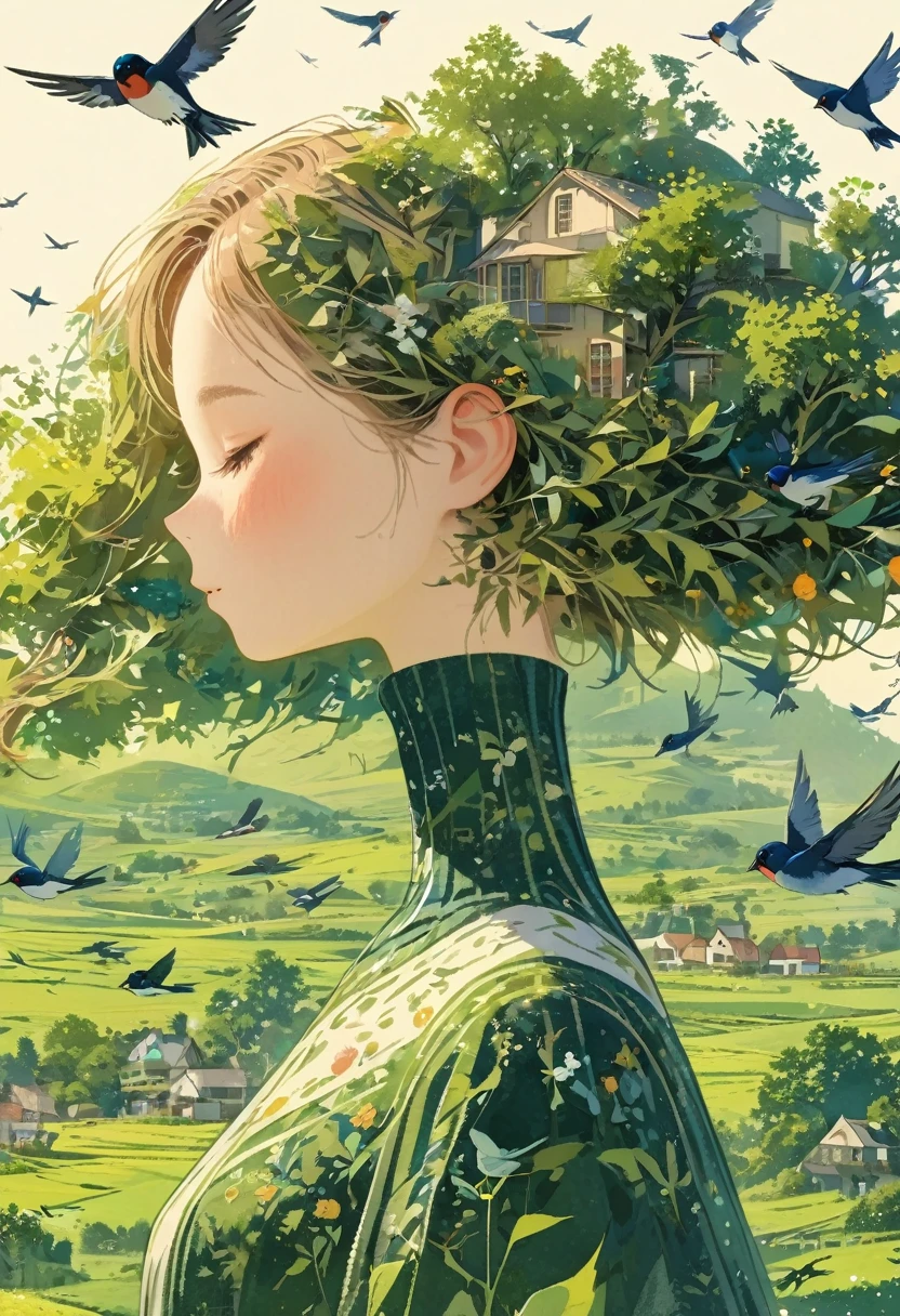 ((long shot:1.8)), (masterpiece, best quality:1.2), (plane vector:1.3)，Art concept art，minimalist style，simple，1 girl，House with blue accents overhead、Hair decorated with natural and house elements，birds flying around，Surrounded by birds，swallow、Fantasy illustration of trees and hills