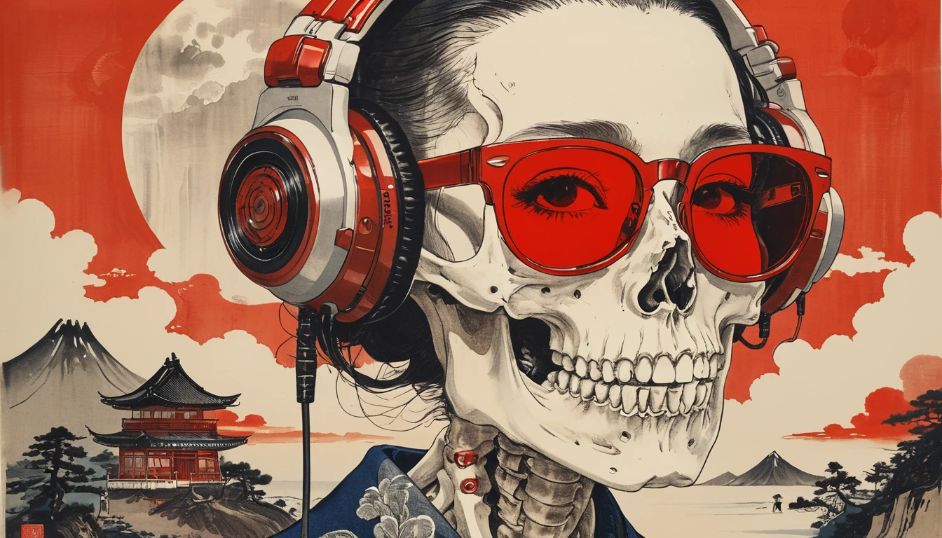 Japanese Sailor Suit, Skeleton of a Woman in a Suit,Lens Sunglasses, Katsushika Hokusai, Ink Painting, Japanese style headphones, Modern ukiyo-e style, Red Eyes