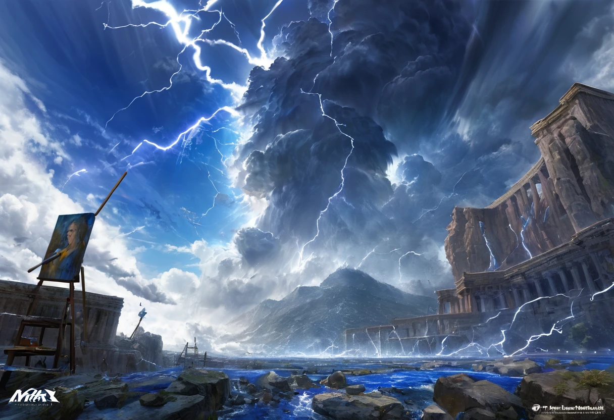 blue landscape, lightning blot, god, Zeus, HDR, 4k resolution, (painting realistic : 1.3), (ultra high resolution: 1.0 ), (((best quality, 8 thousand, masterpiece:1.4))