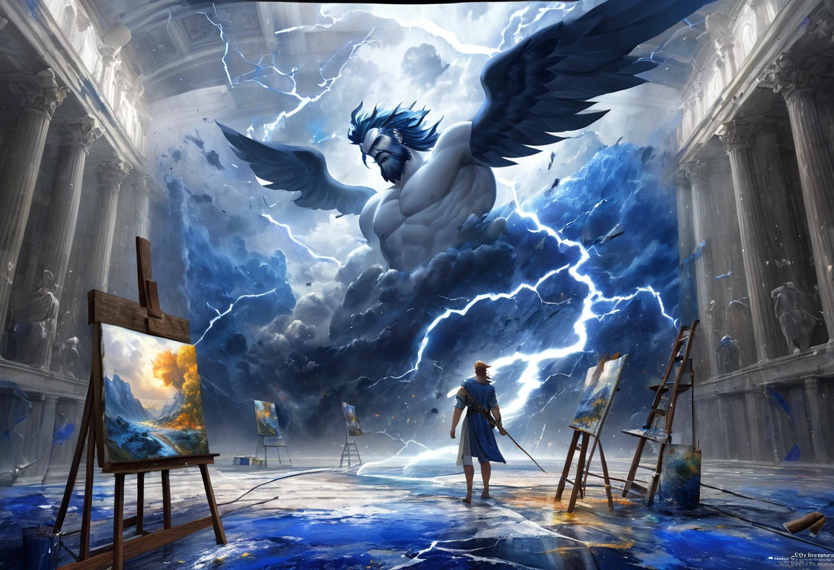 blue landscape, lightning blot, god, Zeus, HDR, 4k resolution, (painting realistic : 1.3), (ultra high resolution: 1.0 ), (((best quality, 8 thousand, masterpiece:1.4))