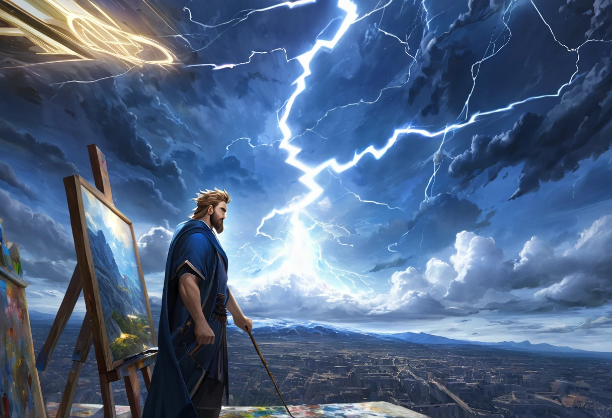 blue landscape, lightning blot, god, Zeus, HDR, 4k resolution, (painting realistic : 1.3), (ultra high resolution: 1.0 ), (((best quality, 8 thousand, masterpiece:1.4))