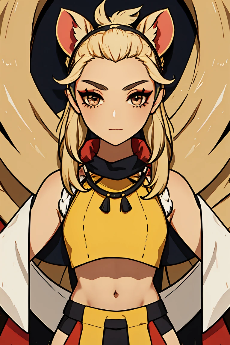Hispanic cultural outfit, solo, tanned skinned character, Kinkajou ears, monkey tail, 1 girl, full body, crop top, eyeshadow, skirt, blonde hair, blonde eyelashes