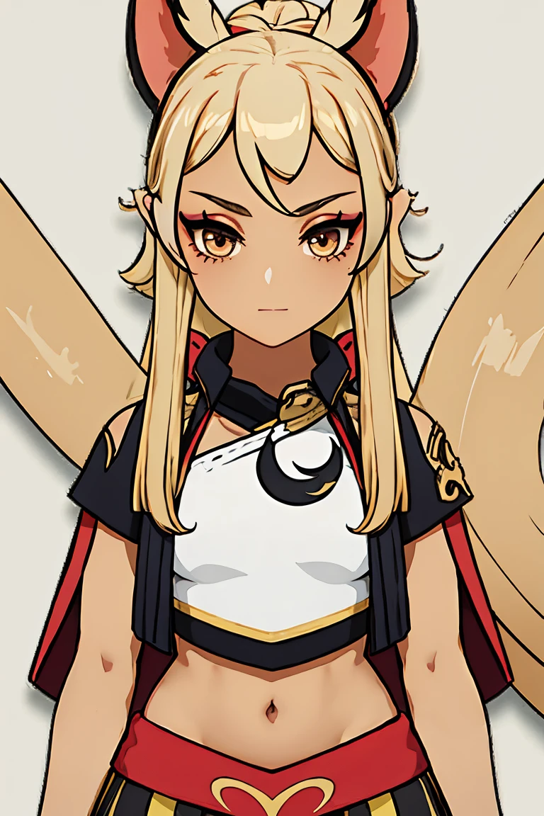 Hispanic cultural outfit,  solo, tanned skinned character, Kinkajou ears, monkey tail, 1 girl, full body, crop top, eyeshadow, skirt, blonde hair, blonde eyelashes 