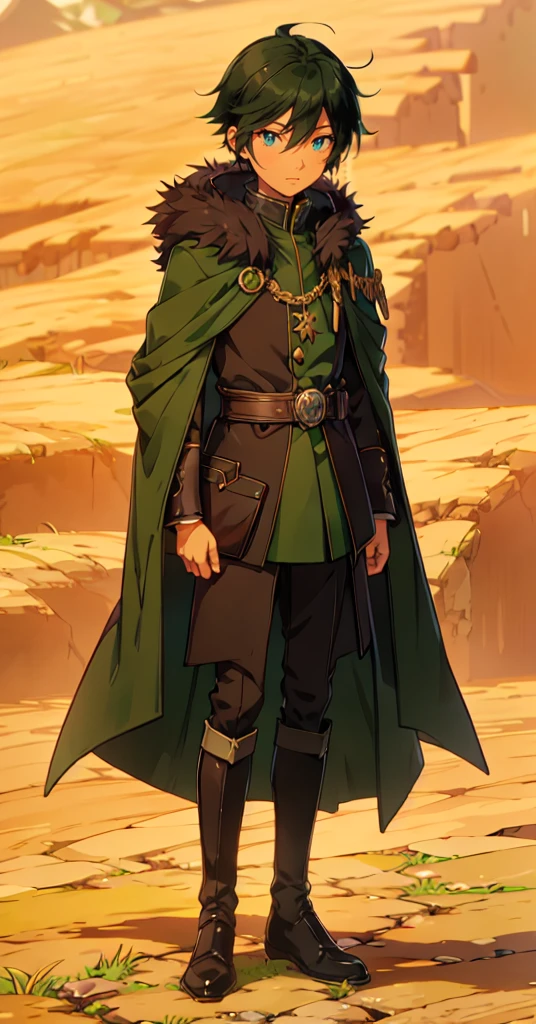 yuichiro hyakuya, (WithoutFear:1), 1 boy, black hair, green eyes, brown coat, gray armor, green shield, green cloak, dark brown gloves, town, white fur trim, tall, anime, standing, good quality, portrait, looking at viewer