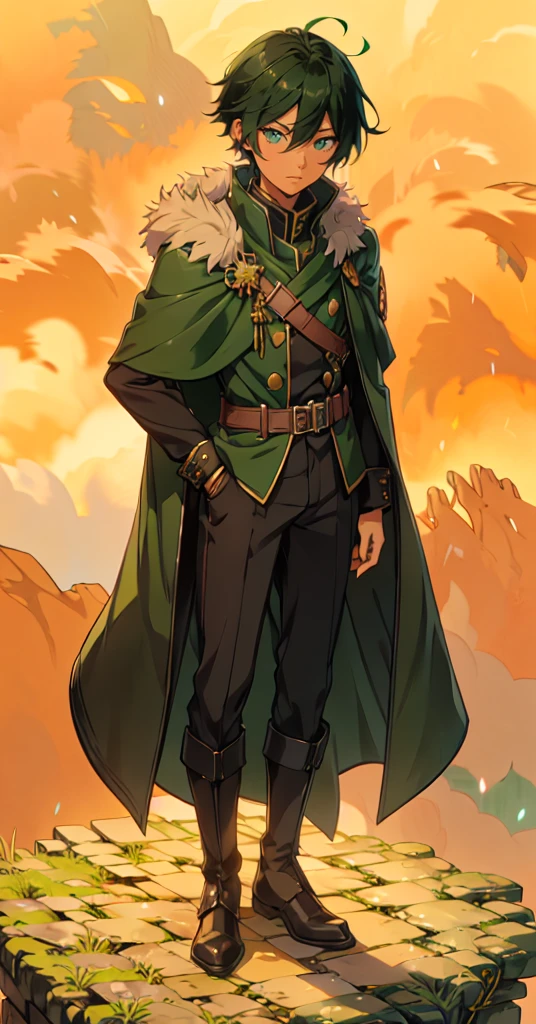 yuichiro hyakuya, (WithoutFear:1), 1 boy, black hair, green eyes, brown coat, gray armor, green shield, green cloak, dark brown gloves, town, white fur trim, tall, anime, standing, good quality, portrait, looking at viewer