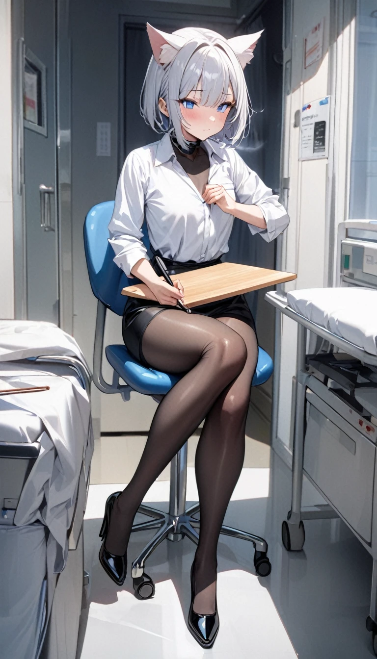 1girl、(((best quality)), ((masterpiece)), (details), masterpiece, best quality, high quality, ulutra detailed, perfect face, ((1girl, blue eyes, cat ears: 1.3 silver bob hair: 2.5,))、Shiny Hair、Glowing Skin、blush、Lustful look、White、White shirt、Black tight skirt、Black Stockings、High heels、Sit on a chair、valley、Small breasts、Holding a cutting board、Holding a pen、Hospital examination room、whole body、