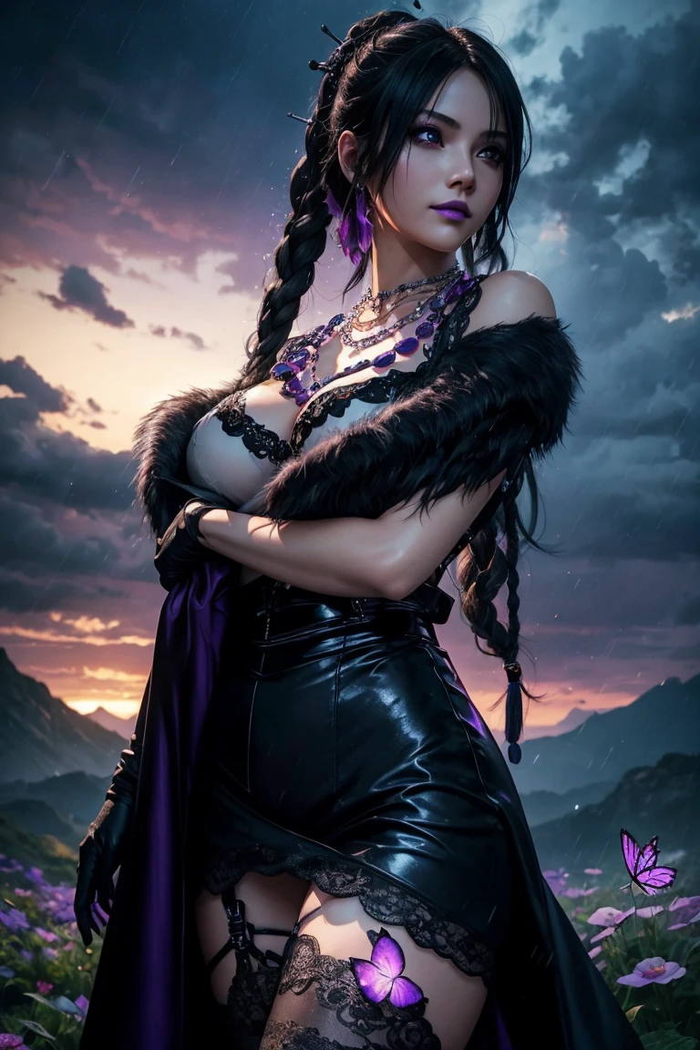 Lulu,Final Fantasy 10,FF10,Black Top,One Length,Let down one side of your bangs,Hide one eye,Beautiful purple eyes,White skin,Purple lips,黒いWith furロングドレス,Long skirt,With fur,Black see-through blouse,Black fishnet stockings,Purple Necklace,super high quality,super high quality,masterpiece,Digital SLR,Realistic,Further details,Vivid details,Depicted in detail,Detailed face,Further details,Super detailed,Realistic skin texture,Based on anatomical grounds,Perfect Anatomy,Anatomically correct hand,Anatomically correct fingers,Complex 3D rendering,y pose,Beautiful morning glory(flower),Rainy Sky,Beautiful scenery,Fantastic rainy sky,Rainy season night,Fantastic night sky,Picturesque,Pink Lips,smile,Fantastic butlies々,