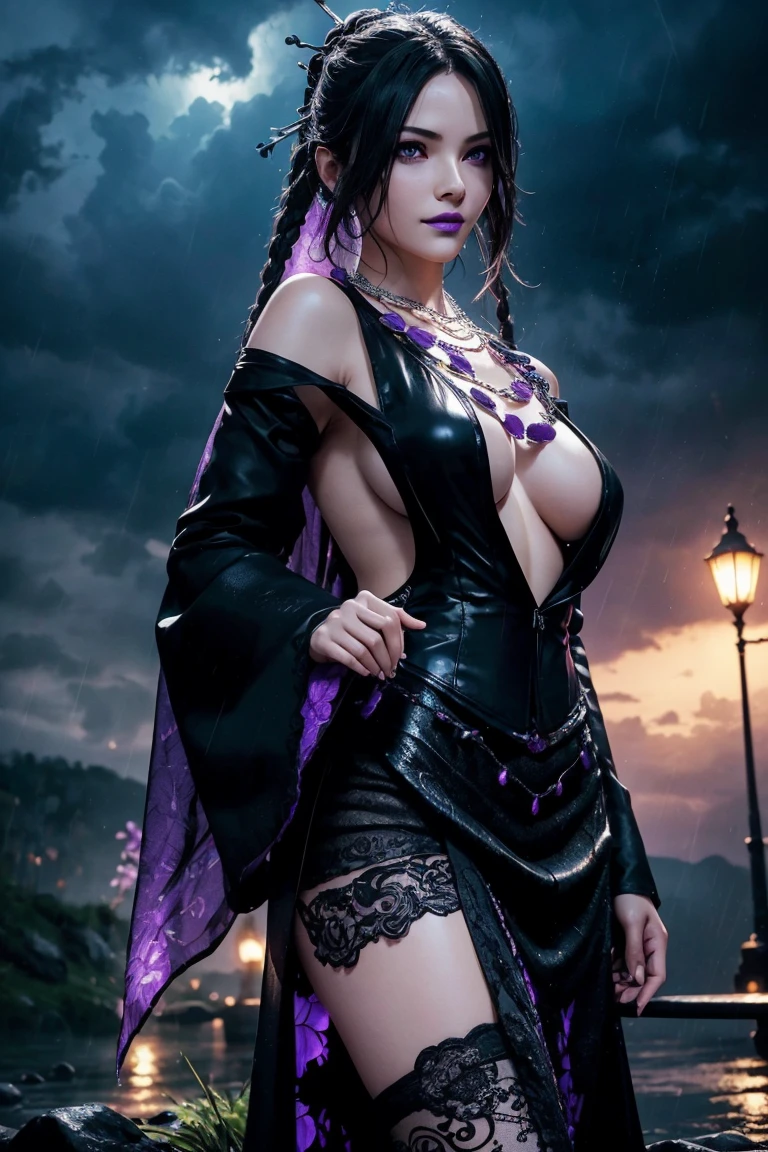 Lulu,Final Fantasy 10,FF10,Black Top,One Length,Let down one side of your bangs,Hide one eye,Beautiful purple eyes,White skin,Purple lips,黒いWith furロングドレス,Long skirt,With fur,Black see-through blouse,Black fishnet stockings,Purple Necklace,super high quality,super high quality,masterpiece,Digital SLR,Realistic,Further details,Vivid details,Depicted in detail,Detailed face,Further details,Super detailed,Realistic skin texture,Based on anatomical grounds,Perfect Anatomy,Anatomically correct hand,Anatomically correct fingers,Complex 3D rendering,Sexy pose,Beautiful morning glory(flower),Rainy Sky,Beautiful scenery,Fantastic rainy sky,Rainy season night,Fantastic night sky,Picturesque,Pink Lips,smile,Fantastic butterflies々,