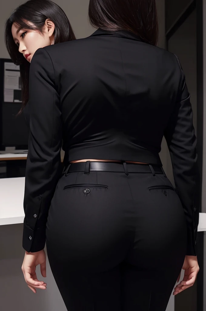 Super Beautiful Office Lady、(Plump ass)、Y shirt、Black suitpants、posterior view、(((ultra best quality, ​masterpiece))), (((ighly detailed)))