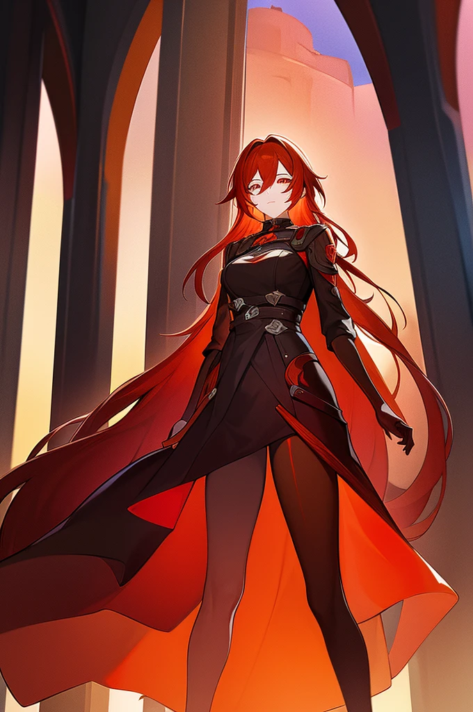 1woman,orange and red eyes,red and orange hair,legging clothers,long hair,black clothes,in a tower,crimson symbols on his clothe,busto aparecendo.