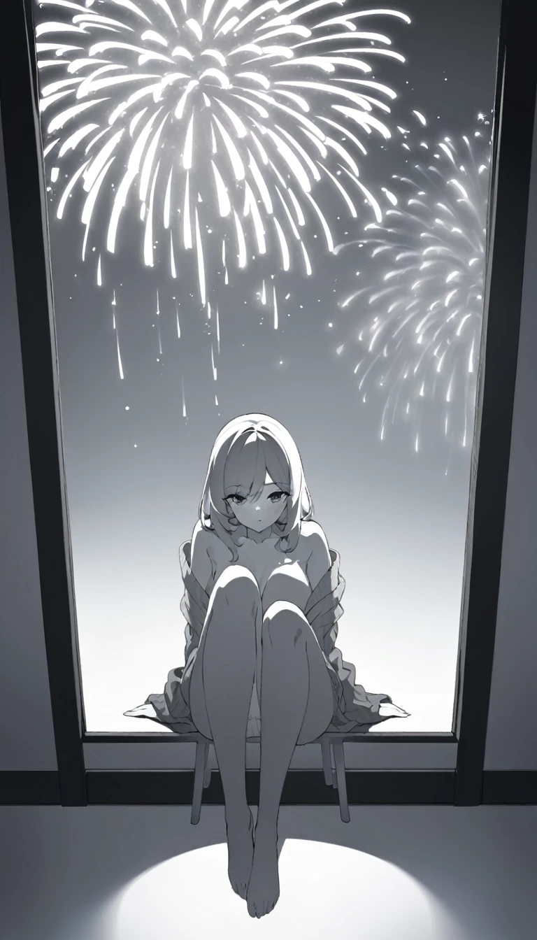 conceptual installation pop art, 2.5D, delicate and dynamic, the most beautiful woman in the world, attractive and seductive expression, sitting on rattan chair and leaning against the window glass, reflection of fireworks light, wearing underwear and loose cardigan, great Proportions, foggy filter effect, contrast of monochrome and vibrant colors, gradation, beautiful effects