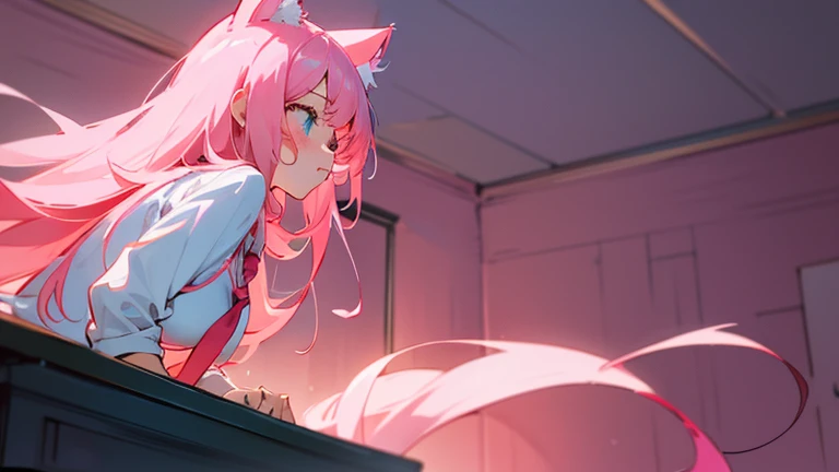 cute anime girl holding a pink video game controller in a room and playing game, anime catgirl, wear white shirt and red tie and white skirt,cute anime catgirl, anime girl with cat ears, flat anime style, nekomimi, lofi girl, catgirl, anime vibes, soft anime illustration, ddlc, girl with cat ears, anime style. 8k, pink straight hair, long bubblegum hair, pink wispy hair, long pink hair, long flowing pink hair, flowing pink hair, anime girl with long hair and cyan eyes,and wear white shirt and red tie and white skirt, ,digital anime illustration, anime room with a computer, a desk, anime background art, background art, anime aesthetic, personal bedroom background,gaming girls bedroom background, kawaii aesthetic, anime background, lofi girl aesthetic, anime vibes, lofi artstyle, beautiful kawaii lighting, lo-fi illustration style, lofi aesthetic, interior background art, cute detailed digital art, glowing aesthetic