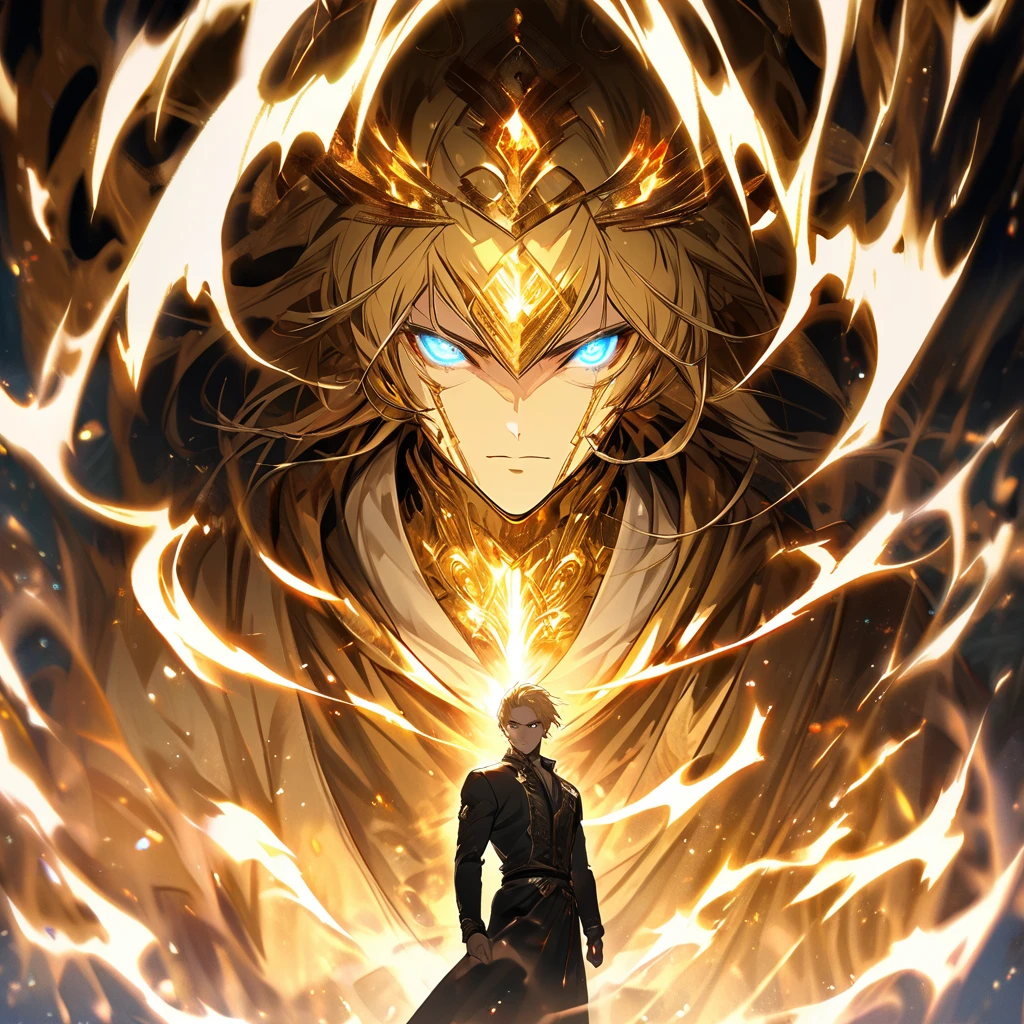 male, solo, handsome, blond hair, god, god eyes, glowing eyes, light, aura, holo, golden,