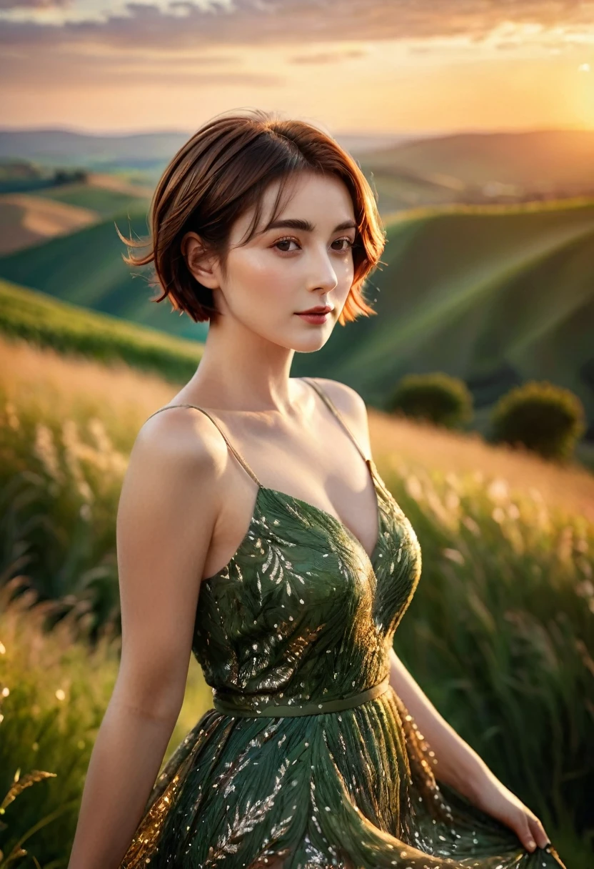 beautiful woman with short brown hair, 25 years old, in a beautiful landscape, realistic, highly detailed, 8k, photo-realistic, masterpiece, professional, cinematic lighting, vivid colors, dramatic pose, elegant, serene expression, intricate details, lush greenery, rolling hills, sunset sky, golden hour, detailed skin texture, flowing dress, soft bokeh background