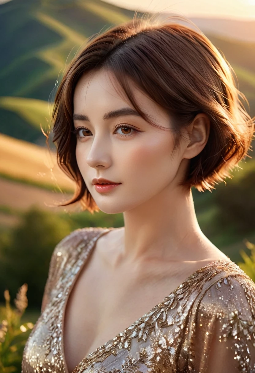 beautiful woman with short brown hair, 25 years old, in a beautiful landscape, realistic, highly detailed, 8k, photo-realistic, masterpiece, professional, cinematic lighting, vivid colors, dramatic pose, elegant, serene expression, intricate details, lush greenery, rolling hills, sunset sky, golden hour, detailed skin texture, flowing dress, soft bokeh background
