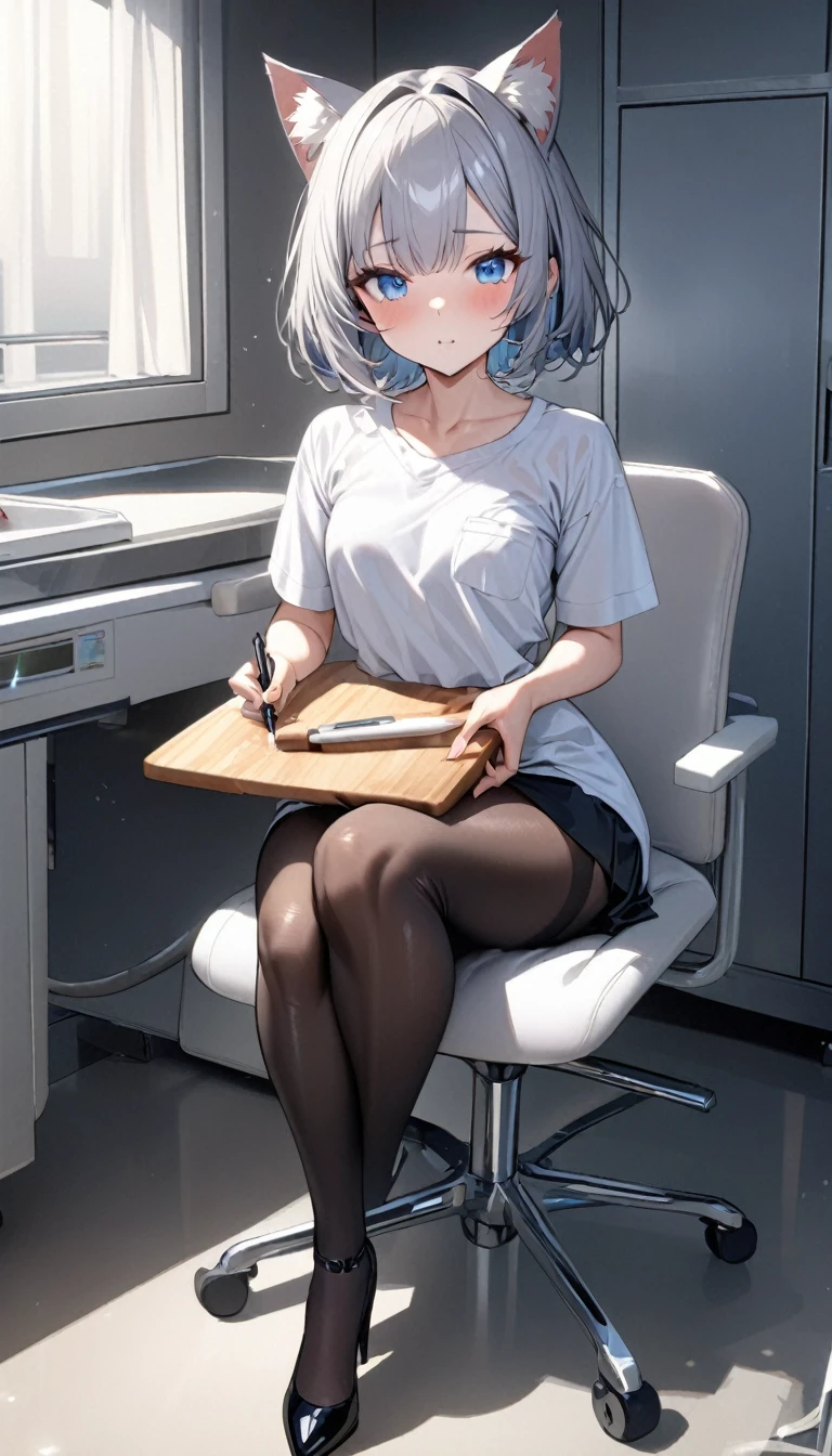 1 girl, Rei Ayanami, blue hair, ((blue gloves up to half the elbow)), (White shirt), ((long sleeves)), (black apron), (without pants), I look at the viewer, big hips, sitting on the toilet, ((in blue gloves up to half the elbow)), One, panties down
