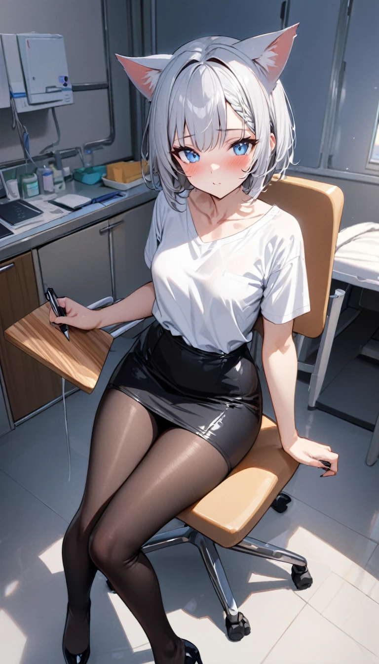 1girl、(((best quality)), ((masterpiece)), (details), masterpiece, best quality, high quality, ulutra detailed, perfect face, ((1girl, blue eyes, cat ears: 1.3 silver bob hair: 2.5,))、Shiny Hair、Glowing Skin、blush、Lustful look、White、White shirt、Black tight skirt、Black Stockings、High heels、Sit on a chair、valley、Small breasts、Holding a cutting board、Holding a pen、Hospital examination room、whole body、