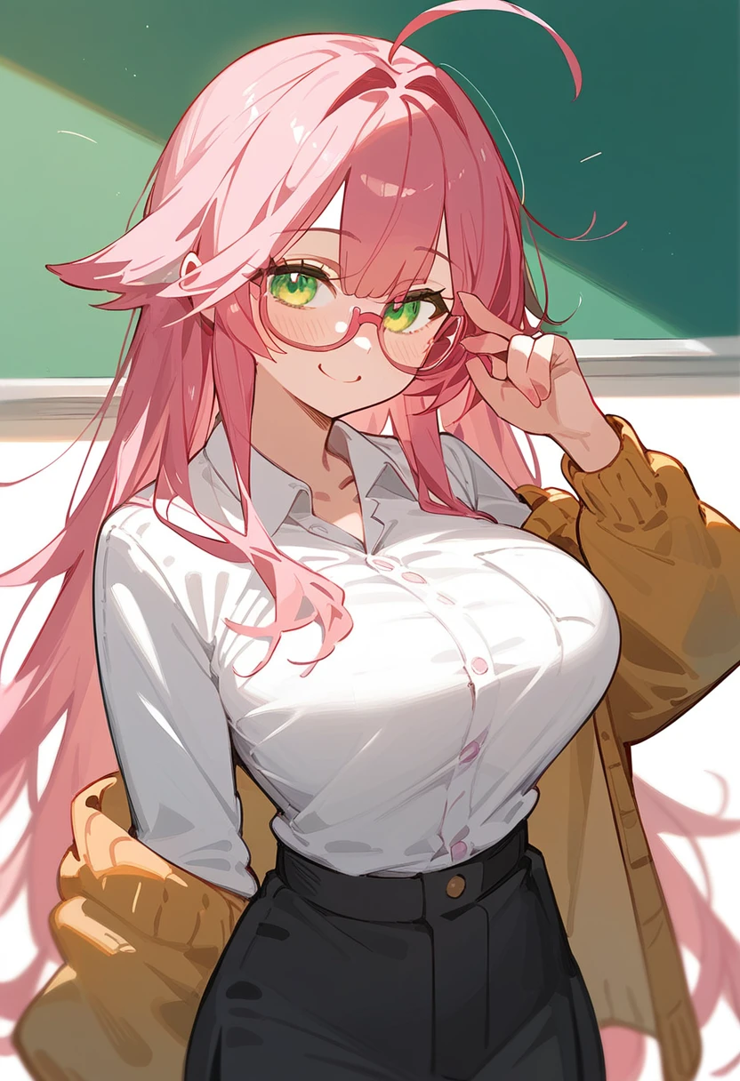 One Woman、private teacher、Big Breasts、Pink Hair、Long Hair、Ahoge、Kind older sister、Pink Glasses、Green Eyes、smile、Droopy eyeature