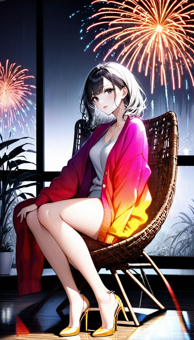 conceptual installation pop art, 2.5D, delicate and dynamic, the most beautiful woman in the world, attractive and seductive expression, sitting on rattan chair and leaning against the window glass, reflection of fireworks light, wearing underwear and loose cardigan, great Proportions, foggy filter effect, contrast of monochrome and vibrant colors, gradation, beautiful effects