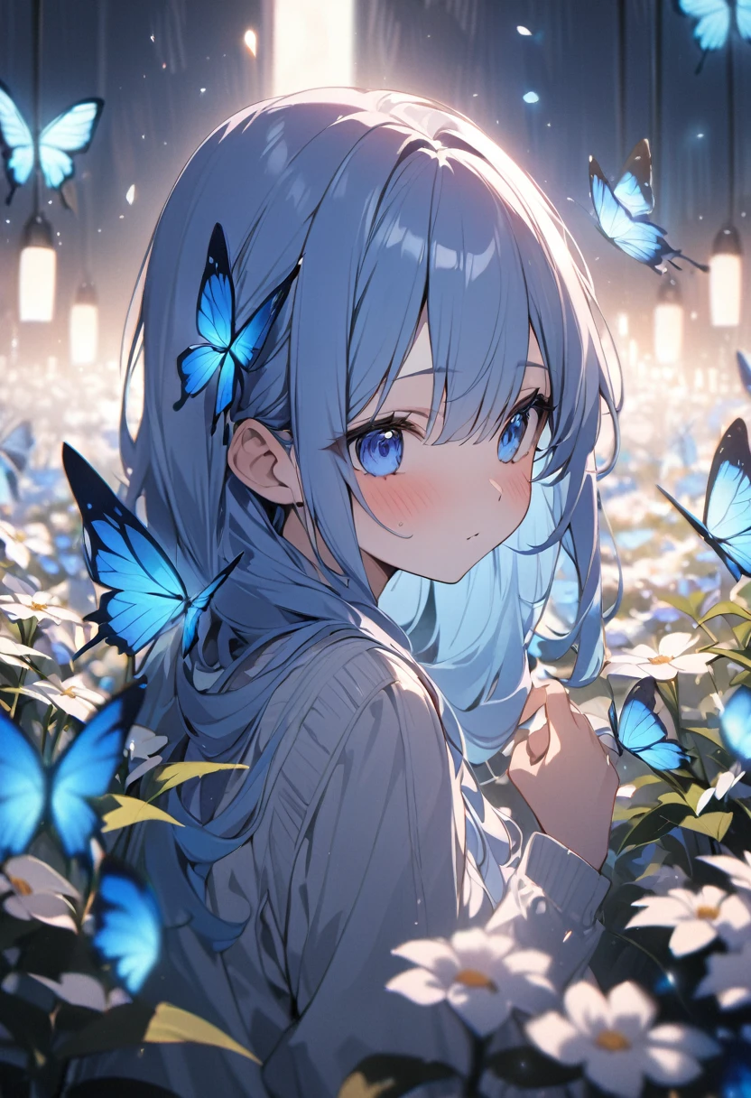 A girl playing with lots of blue butterflies、18 year old girl、Flower Field、Watching the butterfly、masterpiece、Highest quality、RAW、8k,4k、Clear focus、Cinema Lighting