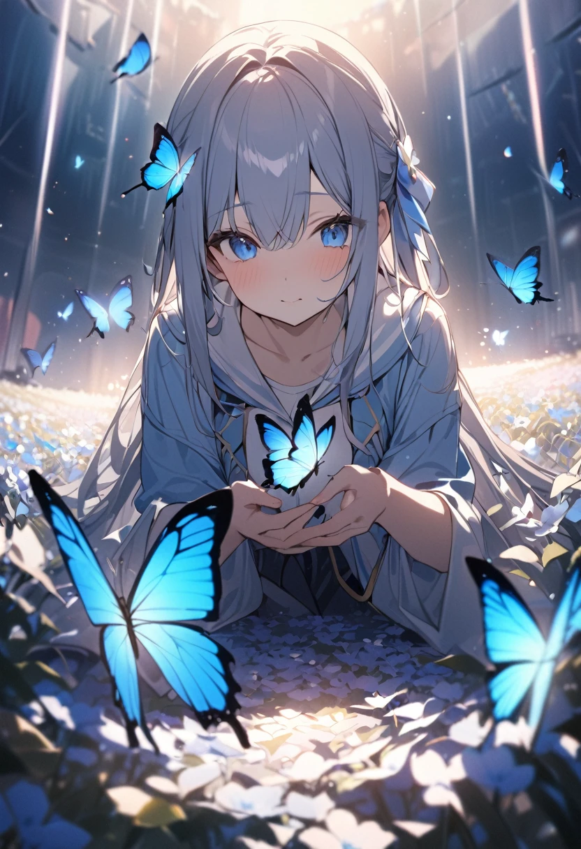 A girl playing with lots of blue butterflies、18 year old girl、Flower Field、Watching the butterfly、masterpiece、Highest quality、RAW、8ｋ，4ｋ、Clear focus、Cinema Lighting