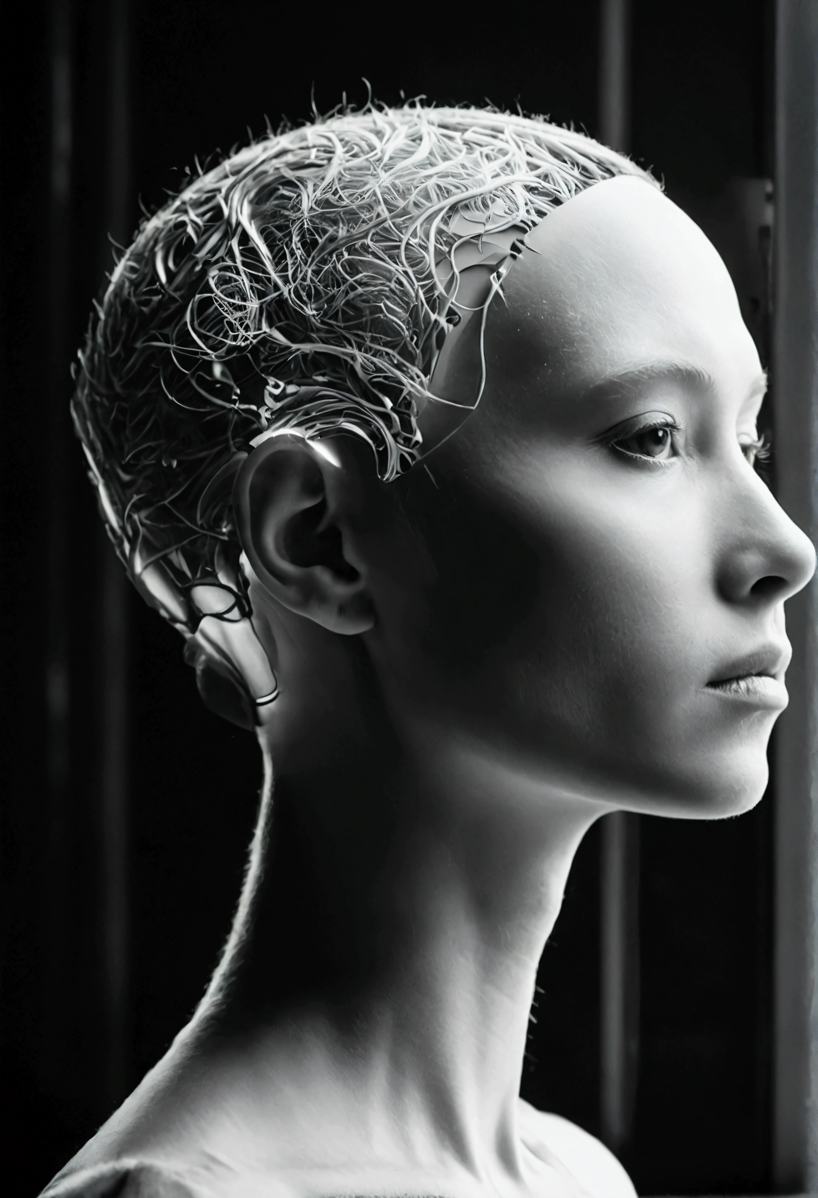 A person's head becomes a complex TV,Black and white photo album cover,Minimalist fuzzy style