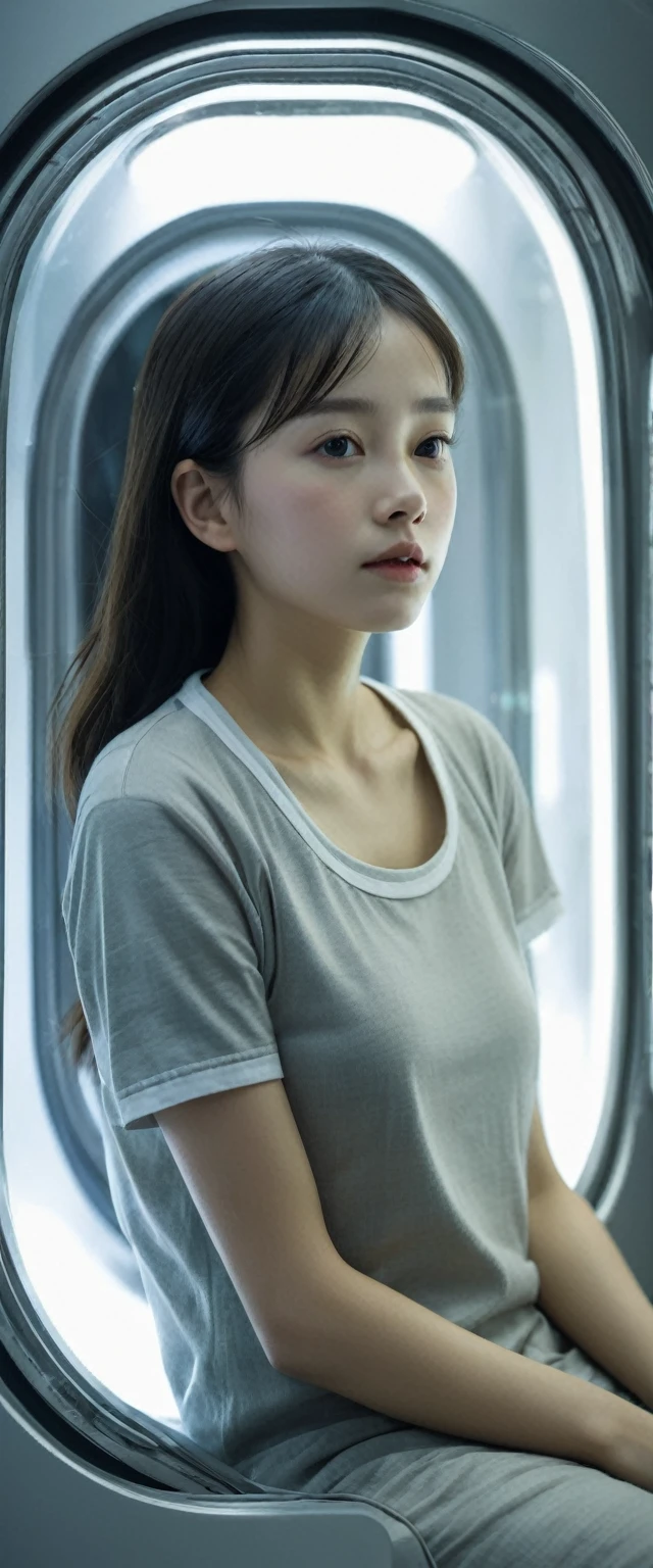 A close-up of cut bamboo, ((a girl sleeping with her eyes closed in a cylindrical life support capsule, the lower half of which is young bamboo-colored metal and the upper half is made of transparent glass, like an escape capsule for a spaceship, the interior of which is filled with dazzling light, like an escape capsule for a spaceship in a science fiction movie)), ((the inside of the life support capsule is equipped with many monitor panels and lamps)), ((a view looking down on the girl from above)),((the girl is 15 centimeters tall)), ((the girl is 10 years old)), ((the girl is wearing silver metallic clothes)),In a bamboo forest,