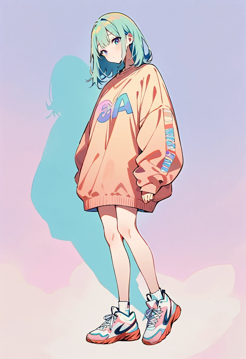 (masterpiece, Highest quality:1.2), 1 Girl, alone, A loose fitting jumper, short, Basketball Shoes, Ankle socks, whole body, pastel colour