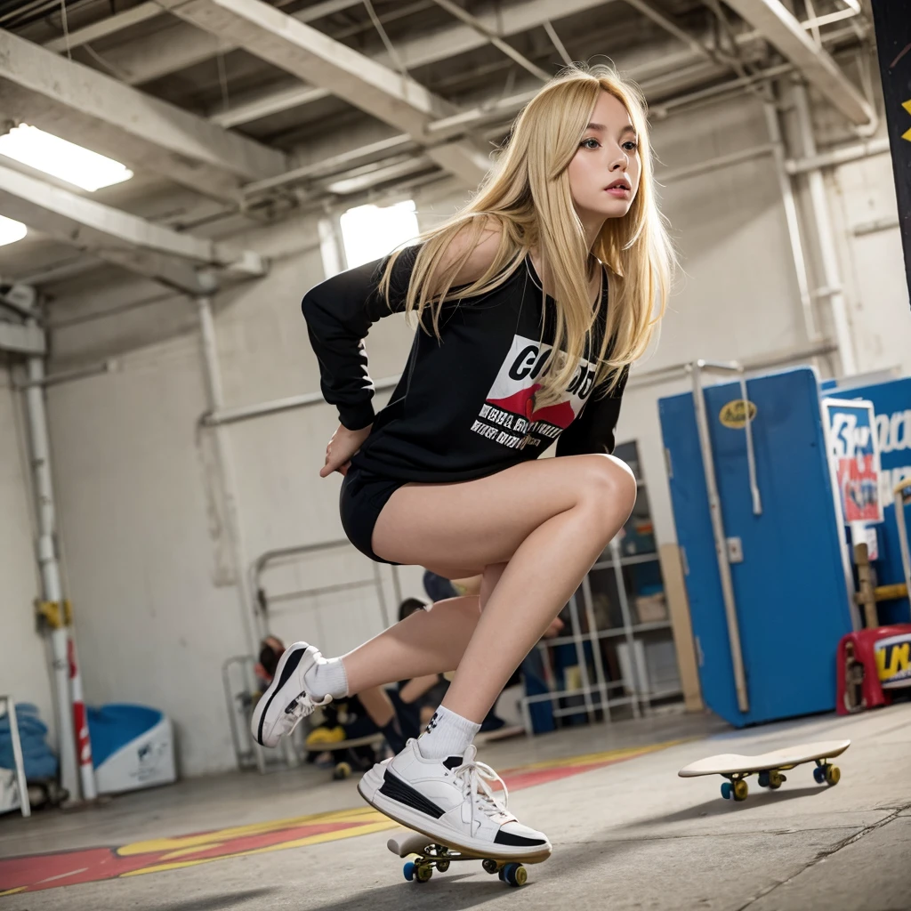 Blonde woman in the skateboard hall