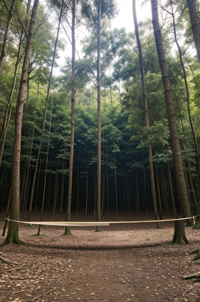 large net set up in the forest, possibly