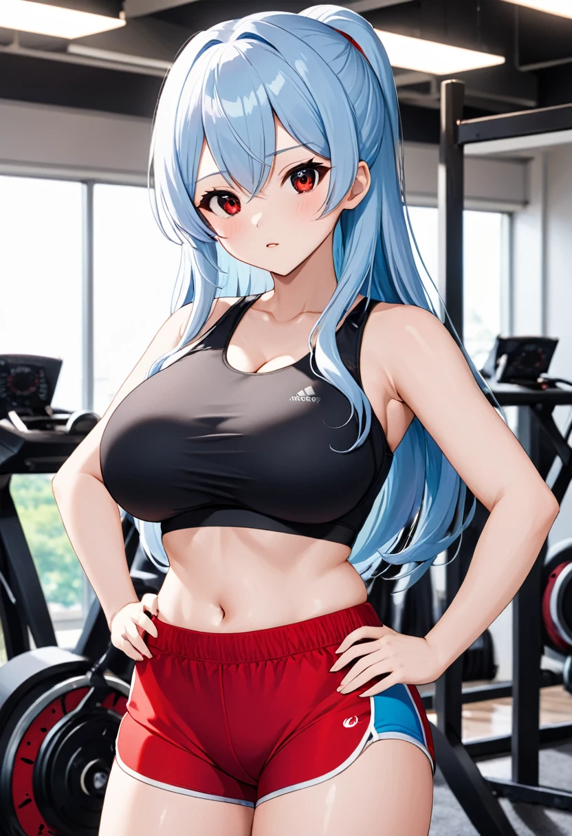 My name is Yukiko.I am a white test woman with long light blue hair,red eye color.I am 1.62 cm tall . Dressed in a black sports bra and short red sports shorts. With huge breasts 200 cm , 40 cm waist and 200 cm hips