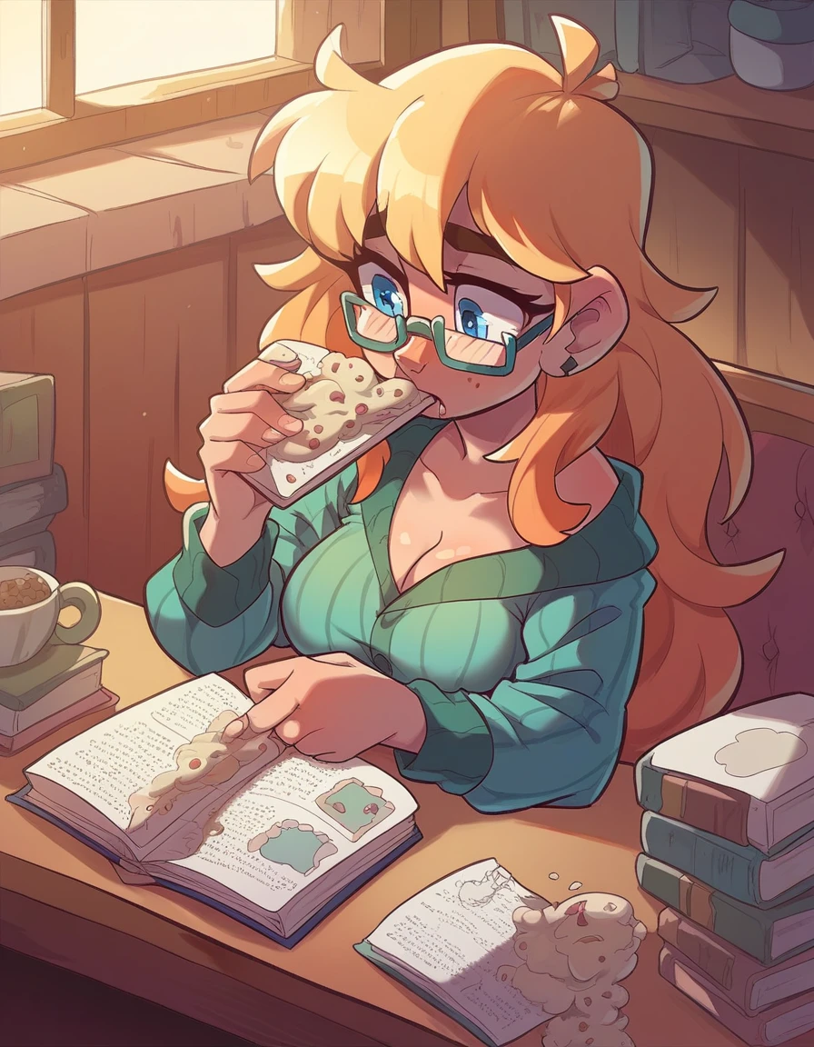 Ralph Bakshi Style, awkward curvy big-nose dirty-blonde with small_breasts and blue eyes with glasses and medium-long hair, eating cereal, reading book, furrowed brow