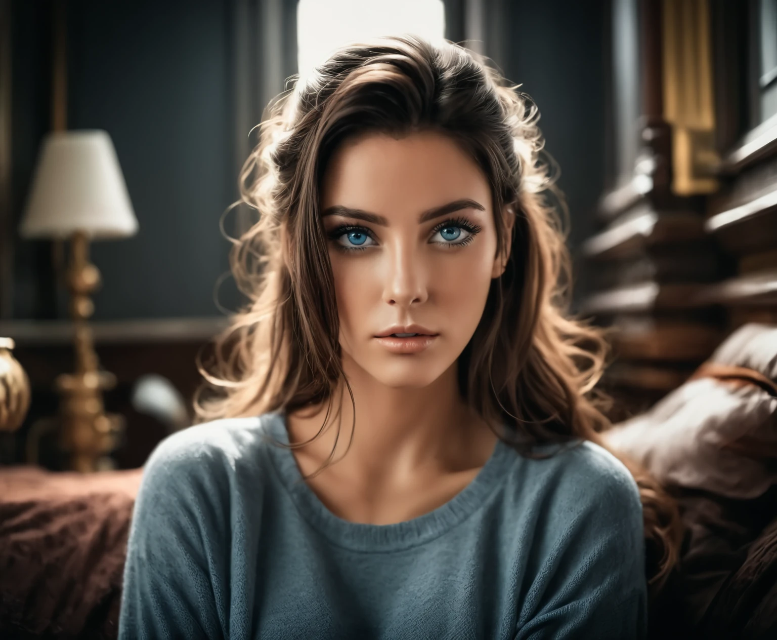 Arafed woman with blue eyes sitting on a bed in a bedroom., foto de una beautiful woman, soft portrait 8k, beautiful face portrait, portrait of a beautiful model, Attractive woman, stunning portrait, beautiful attractive face, beautiful woman, beautiful model, magnificent portrait, beautiful model femenina, beautiful young woman, Beautiful female portrait, attractive girl