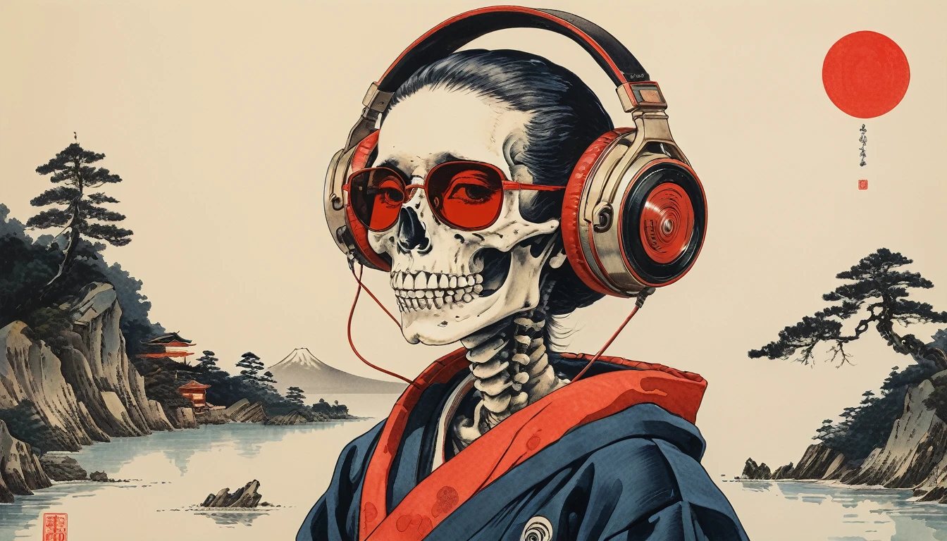 Female skeleton wearing a Japanese sailor suit,Lens Sunglasses, Katsushika Hokusai, Ink Painting, Japanese style headphones, Modern ukiyo-e style, Red Eyes