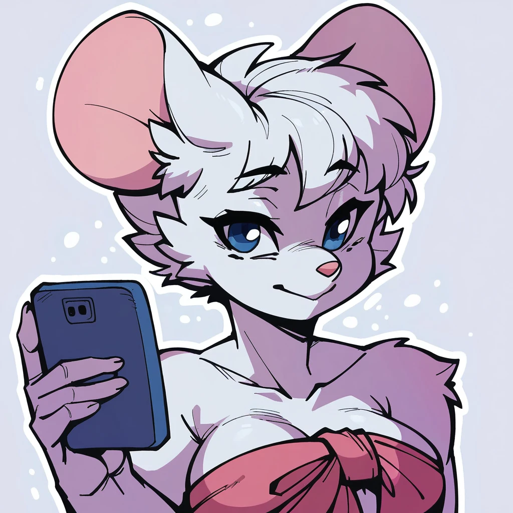 score_9, score_8_up, soft lighting, 1girl, white ((mouse)), (((mobian))), blue eyes, ((fluffy white skin and fur, white short hair)), medium breasts, sexy, smile, wrapped in towel, holding phone, face shot